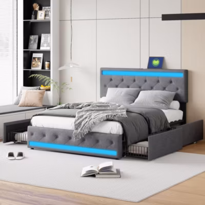Lit rembourré 160×200 cm, LED, 4 tiroirs, USB, coffre en lin, sommier bois -Gris