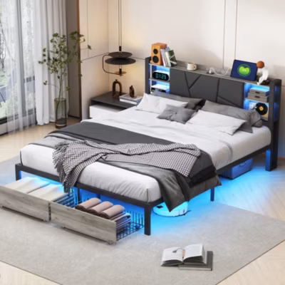 Lit double 160×200 cm double, Lit rembourré, PU, cadre métal et bois, 2 tiroirs, lit coffre avec LED et USB, sans matelas, Noir