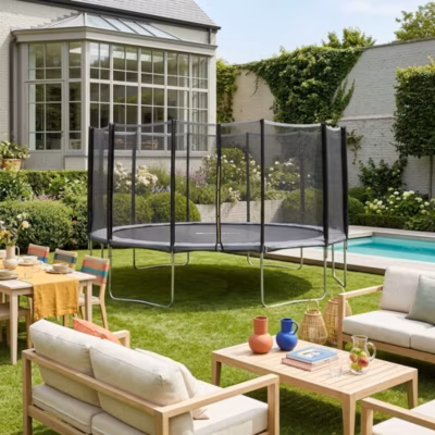 Trampoline rond D. 490cm gris avec son filet de protection – Jupiter – Trampoline de jardin 490 cm 4m, Qualité PRO. , Normes EU.