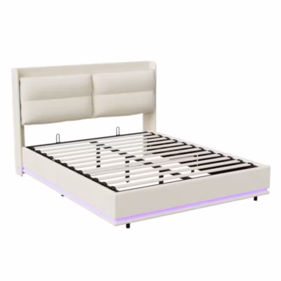 Lit Moderne Rectangulaire 160×200 Cm Avec Sommier à Lattes, Rembourré, USB Et Type-c, Coffre, Beige