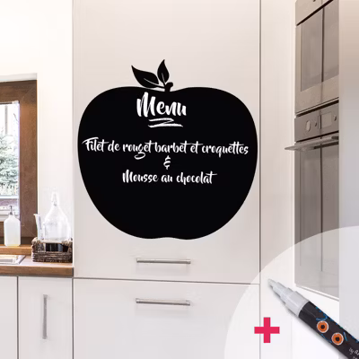 Sticker ardoise tableau noir – stickers muraux adhésif effaçable – POMME ROYALE + CRAIE LIQUIDE BLANCHE – 105x105cm
