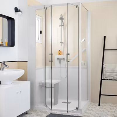 Cabine de douche Kinedo Kinemagic Design 120×80 habillage toute hauteur 1 porte pivotante transparent thermostatique