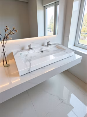Plan Double Vasque en fibré cimenté + résine blanc effet marbre 100×47 fabriqué artisanalement en France par Gakeal édition « Seve »