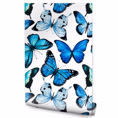 Papier Peint Aquarelle PAPILLONS Bleu Pour La Chambre