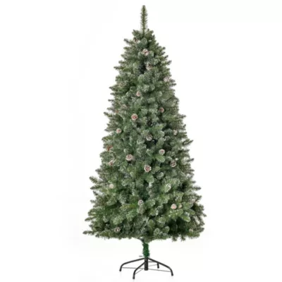 Sapin de Noël artificiel aspect enneigé dia. 86 x 180H cm 50 pommes de pin 718 branches épines imitation Nordmann grand réalisme