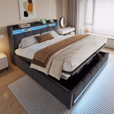 Lit 180×200 cm avec rangement, tête de lit éclairée led et revêtement en lin gris, système hydraulique