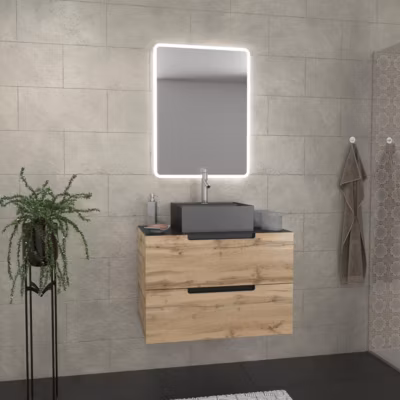 Meuble salle de bains 80 cm 2 tiroirs – Chêne et noir – Vasque carrée – Miroir Led – OMEGA