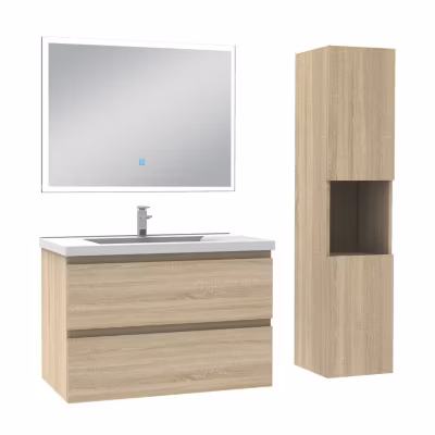 Ensemble meuble Salle de Bain 80cm avec vasque et colonne et miroir lumineux dimmable chêne wotan