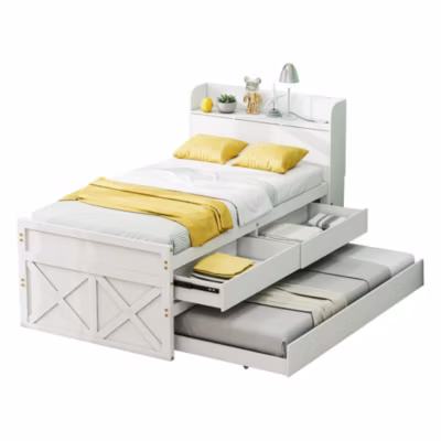 Lit simple 90×190 cm en pin massif avec sommier tiroir table de chevet étagères port USB blanc