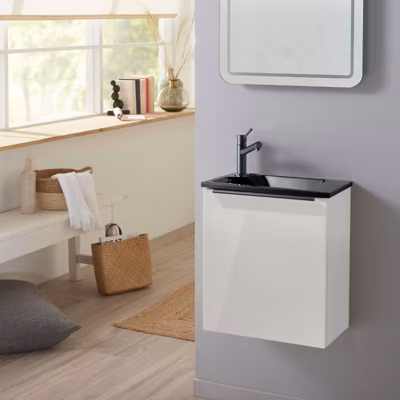 Meuble pour wc blanc avec lave mains design noir et mitigeur noir