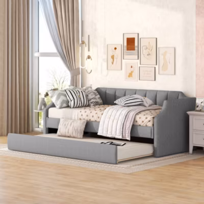 Lit 90×200 cm avec lit gigogne roulant, tapissé lin gris, dossier et accoudoirs arrondis design contemporain