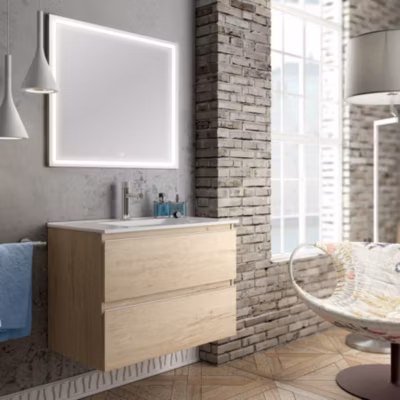 Meuble de salle de bain simple vasque – 2 tiroirs – BALEA et miroir Led VELDI – bambou (chêne clair) – 80cm