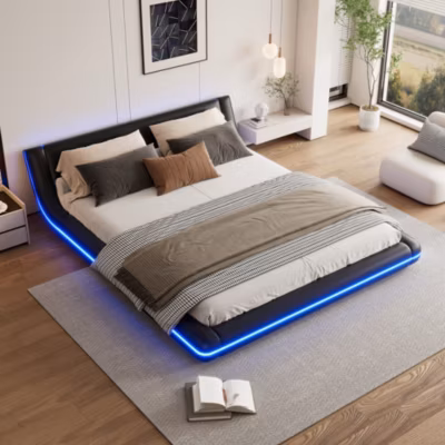 Lit double 160×200 cm en PU avec LED, lit bas moderne et élégant, confortable et pratique, Noir