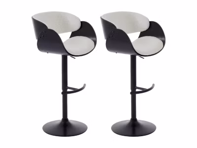 Lot de 2 tabourets de bar en tissu bouclette, placage frêne et métal – Hauteur Réglable – Blanc et Noir – JELSA
