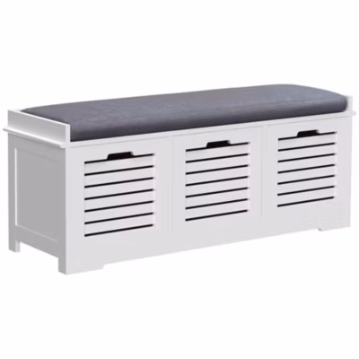 Banc à chaussures 3 tiroirs avec coussin – 108 x 35 x 43 cm – polyester gris MDF blanc