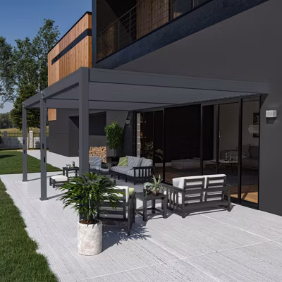 Pergola bioclimatique Ombréa adossée VS 4x6M Anthracite + 2 stores