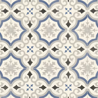 Sol PVC Textile motif carreaux de ciment Bleu et gris – Rouleau de 4m x 11m