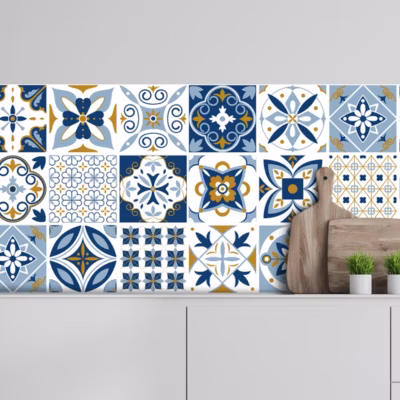 Crédence adhésive carreaux de ciment bleu 40X200cm
