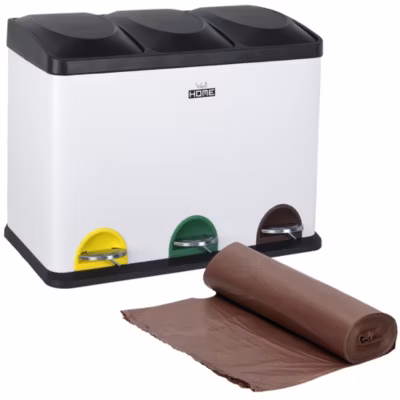 Poubelle de recyclage  à 3 compartiments de 45 L AVEC rouleau de 20 sacs poubelle de 20 L