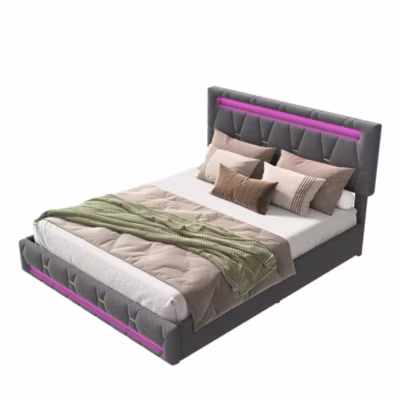 Lit double 140 x 200 cm, avec 4 tiroirs, tête de lit réglable et éclairage LED, lin, gris