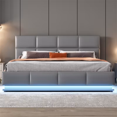 Lit adulte lit 160×200 cm lit led rembourré hydraulique lit de rangement lit double cuir synthétique gris