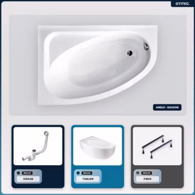 Baignoire asymétrique – 140 x 80 cm – Gauche – avec Tablier Blanc – Pieds – Vidage Chrome – CORNEA