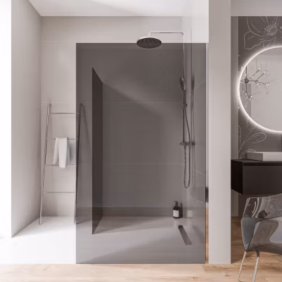 2 Parois de douche italienne d&rsquo;angle 140x200cm + 100cm, verre fumé NANO 10mm, profilé mural inox chrome, sans profilé sol – EX102