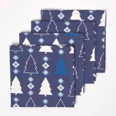 Serviette de table noël en coton – Lot de 4 – sapins bleu – HOMESCAPES – Lavable en machine