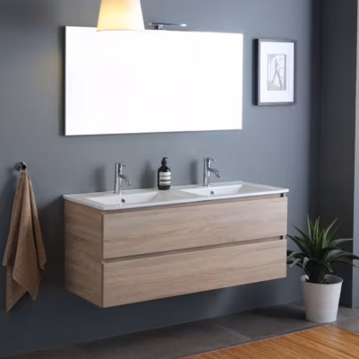 Armoire Murale À Double Vasque Pour Salle De Bain Avec Tiroirs En Chêne Naturel 120Cm – Berlin