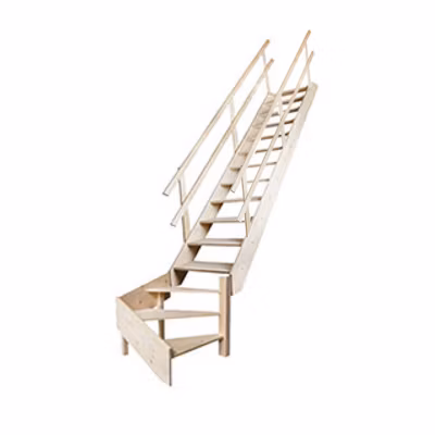 Escalier de meunier 16 marches – Quart tournant à droite avec double main-courante – Hauteur à franchir 3,57m max – MSS-MSW-R/2MC