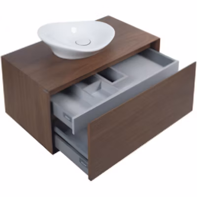 Meuble de salle de bains suspendu 1 double tiroir slow close+organiseurs+éclairage SANINDUSA View 90×45 trou vidage couleur noyer