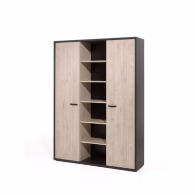 Meuble haut de rangement pour bureau 2 portes et étagères coloris chene clair et noir