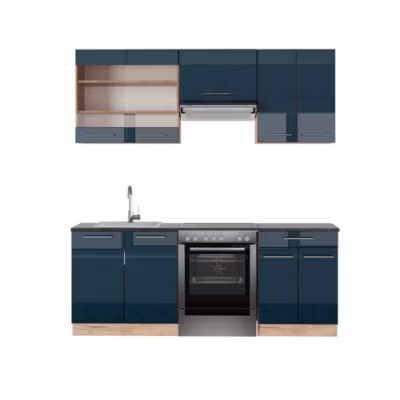 Vicco Armoires de cuisine bleu foncé brillant/chêne doré 200cm , PT Anthracite