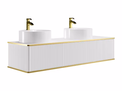 Meuble de salle de bain suspendu strié liseré doré 2 tiroirs avec double vasque à poser ronde – Blanc – 150 cm – KELIZA