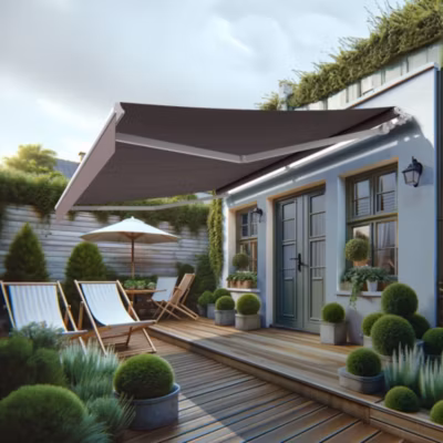 Store banne monobloc MEILE 5,98 x 3,50m (Motorisé à télécommande + manœuvre de secours – Taupe – Blanc)