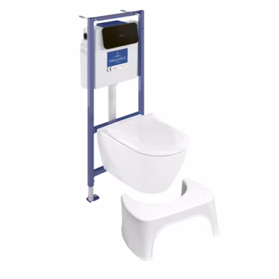 Pack WC sans bride VILLEROY ET BOCH Subway 2.0 abattant frein de chute + bâti-support sol et mur+ plaque noir mat + Tabouret blanc