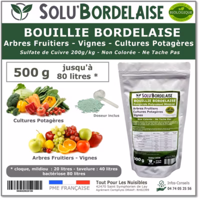 Solu&rsquo;Bordelaise – 500 g – Bouillie Bordelaise Non Colorée – Sulfate de Cuivre – Arbres Fruitiers, Potager, Vigne – UAB