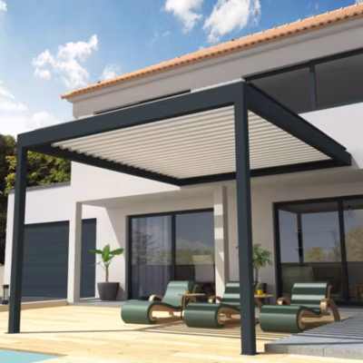Pergola Bioclimatique COCOON Mixte Gris anthracite / Blanc 4,00×3,563m (Vérin à télécommande)