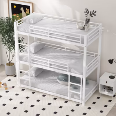 Lit superposé triple 90×200 cm empilable avec barrières de sécurité, structure métal blanc résistante, sans matelas
