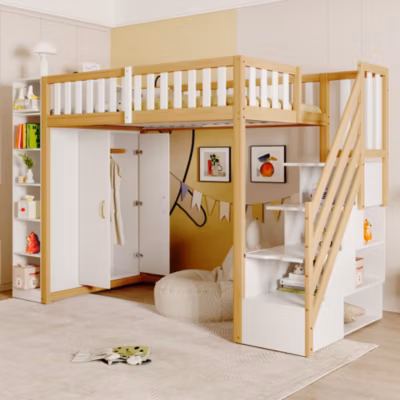 Lit Mezzanine 90×200 cm – Lit Simple avec Escalier Sécurisé, Armoire et Étagères de Rangement, Pin et MDF, Blanc et Bois Naturel