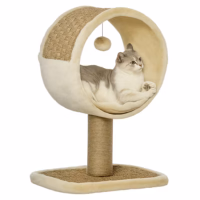 Arbre à chat rond style cosy chic griffoir grattoirs sisal jeu souris niche coussin cordes d&rsquo;algues tressées peluche beige