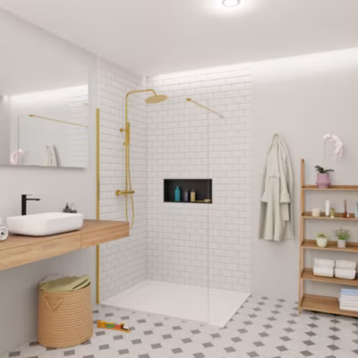 Swiss Aqua Technologies Walk-in 110x200cm Paroi en verre Crystal Glass 8 mm anticalcaire, avec bras et profilés or (SATBWI110PRZ)