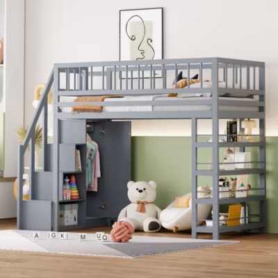 Lit Mezzanine 90×200 cm – Lit enfant avec Garde-Corps Sécurisé et Armoire Intégrée – Étagères Pratiques – Bois Massif – Gris
