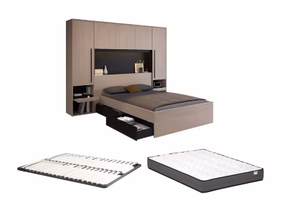 Lit pont 160 x 200 cm avec rangements – Avec LEDs – Coloris : Naturel et noir + Sommier + Matelas – VELONA