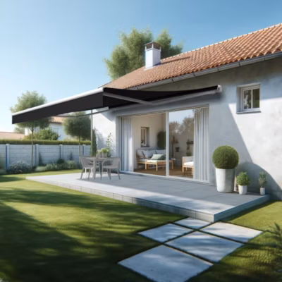 Store banne monobloc ESPAI 5,00×3,50m (Motorisé à interrupteur + manœuvre de secours – Noir – Blanc)