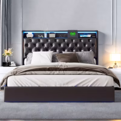 Lit flottant 160×200 cm en PU avec LED tête et corps, rangement tête rembourrée et prise EU, design moderne et pratique