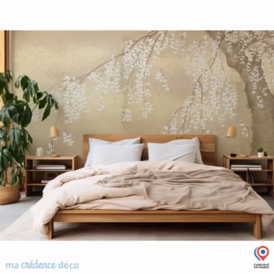 Papier peint Zaimei Hara, Cerisier en fleurs sur fond or uni – Intissé – 200 cm – 280 cm – MaCrédenceDéco