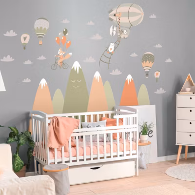 Stickers enfant montagnes scandinaves animaux épanouis 100 x 150 cm