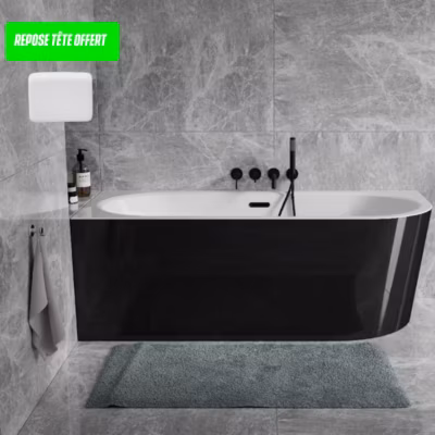 Baignoire d&rsquo;angle Noir et Blanc + Siphon Chrome et Vidage inclus + Repose tête  –  AVITA S CLASSE – GAUCHE – 150 x 75 cm