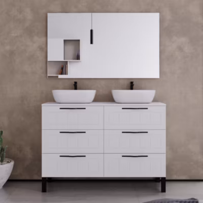 Meuble de salle de bain 120cm avec plateau et deux vasques à poser ovales – 6 tiroirs – blanc – CALA